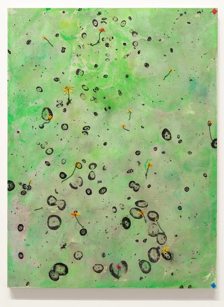 Rina Goldfield, Green Eggs and Flowers, 2023, oil, steel, magnets, and gampi paper on canvas, 48 x 36 in.