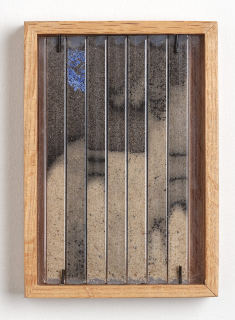 Abby Flanagan, tract (woodthrush) 15, 2023, polycarbonate panel, sand, charcoal, blue pigment on paper, artist’s oak frame, 5 ¾ x 4 ¼ in.
