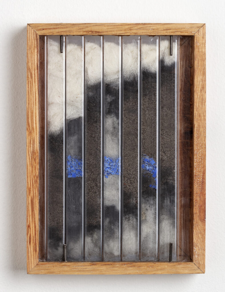 Abby Flanagan, tract (woodthrush) 2, 2023, polycarbonate panel, wool, charcoal, plaster sand, artist’s oak frame, 5 ¾ x 4 ¼ in.