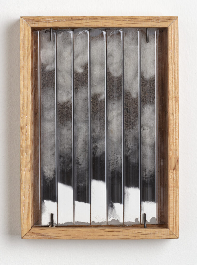 Abby Flanagan, tract (woodthrush) 4, 2023, polycarbonate panel, plaster, charcoal, wool, sand, artist’s oak frame, 5 ¾ x 4 ¼ in.