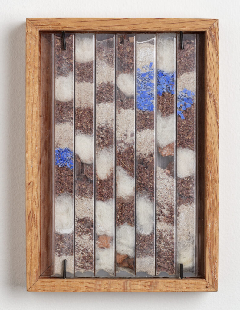 Abby Flanagan, tract (woodthrush) 8, 2023, polycarbonate panel, wool, sand, saw dust, blue pigment on paper, artist’s oak frame, 5 ¾ x 4 ¼ in.