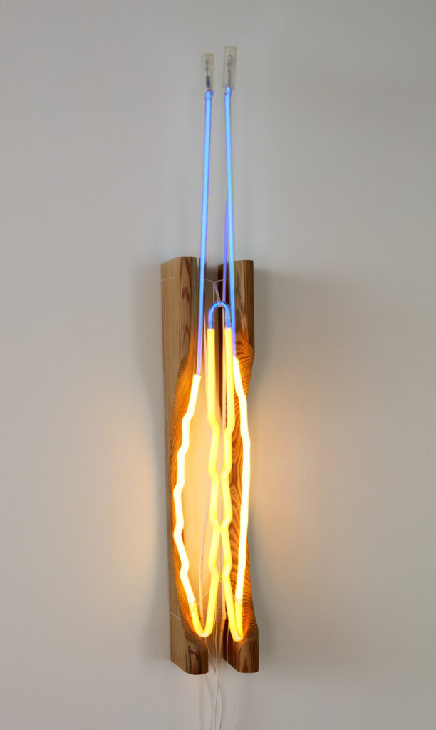 Mariko Makino, Pin, 2023, heart pine, neon tubing, thread, 4 x 3 ½ x 31 in.