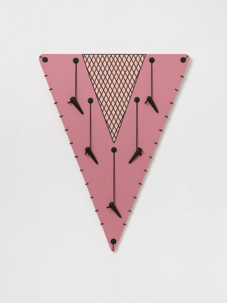 Natalie Beall, Tricky Triangle, 2023, acrylic on wood, epoxy clay and cotton rope, 30 1/2 x 23 1/4 x 1 3/4 in.