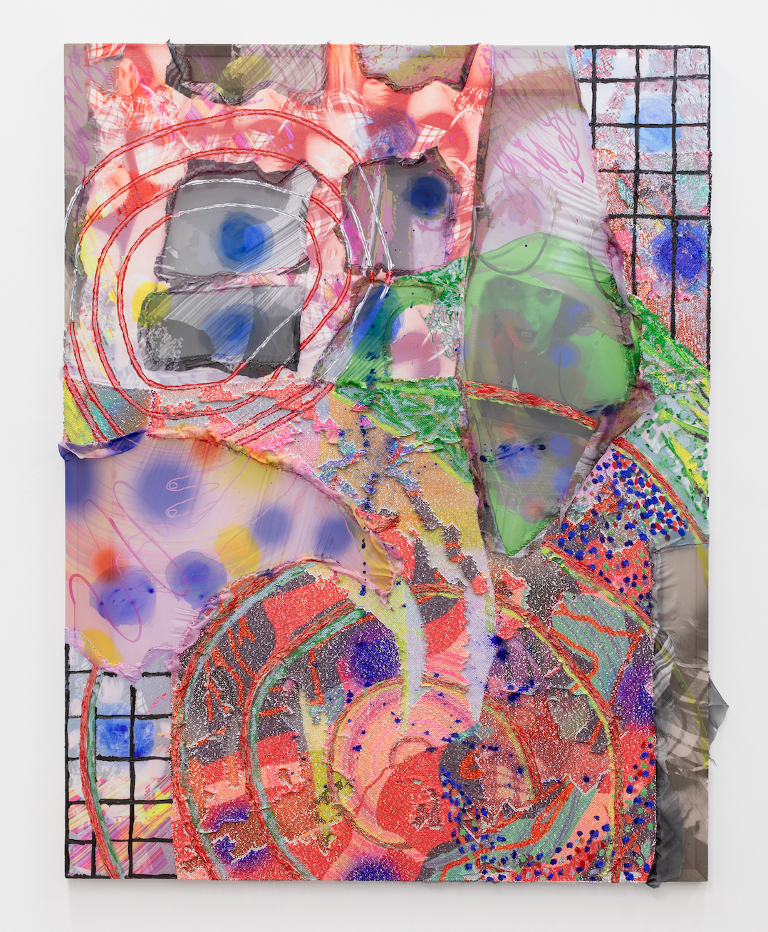 Gaby Collins-Fernandez, The Change Fell Out of Your Eye, oil and acrylic paint and digital photocollage print on beach towel, chiffon, and double-sided sequins, 68 x 52 in. 