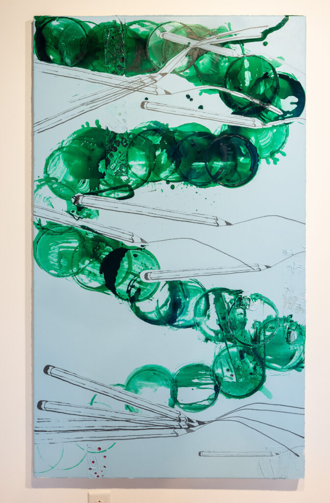 Haleigh Collins, Close talker, 2024, silkscreen and oil on canvas, 60 x 35 in.