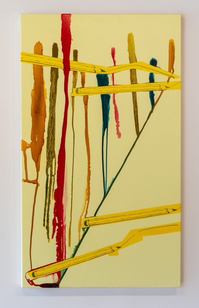 Haleigh Collins, Low talker, 2024, silkscreen and oil on canvas, 60 x 35 in.