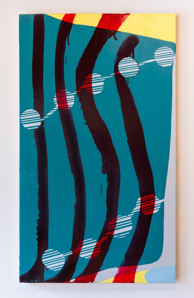 Haleigh Collins, Planet Emotion, 2024, silkscreen and oil on canvas, 60 x 35 in.