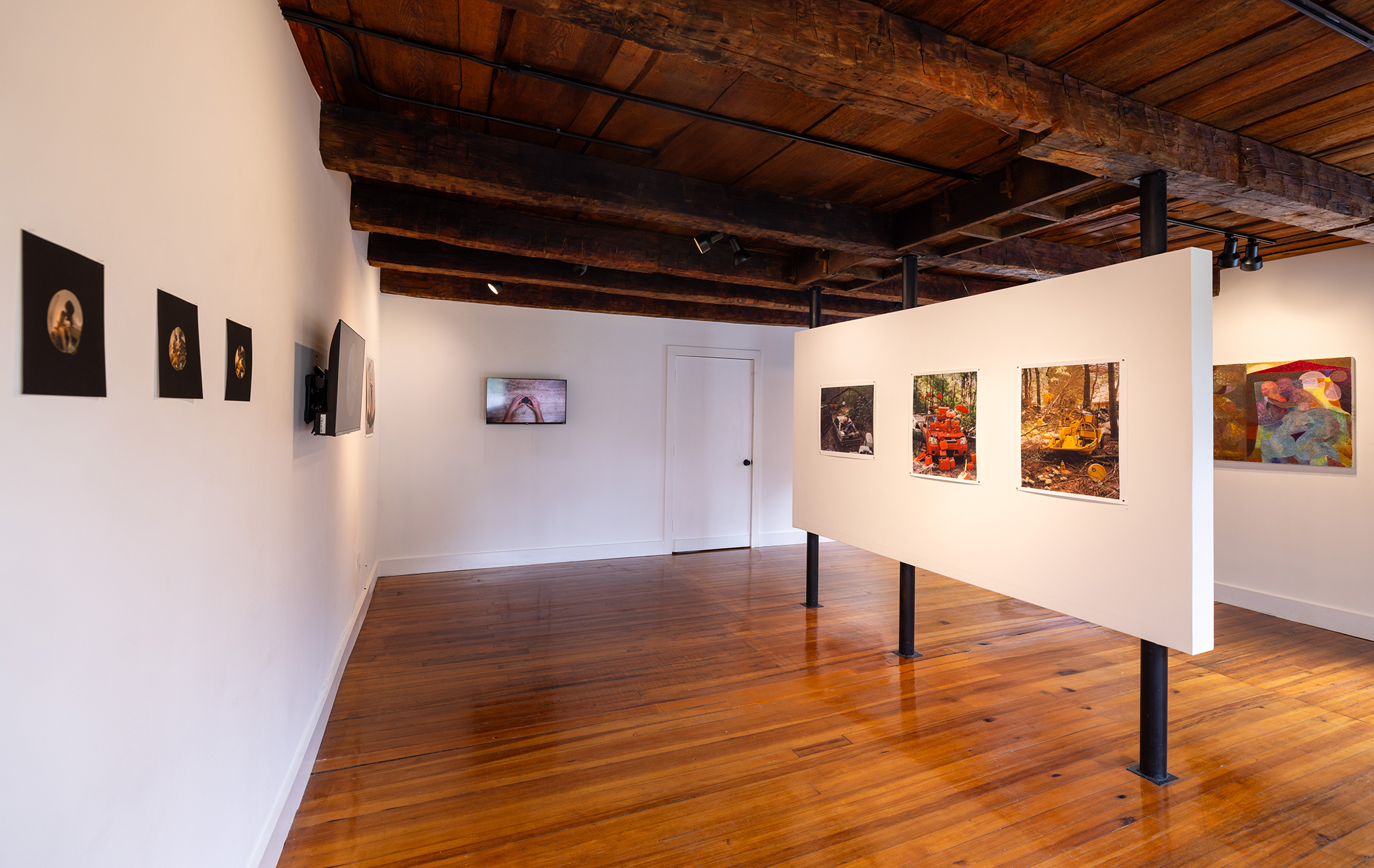 Installation view, works by Rodell Warner, Phoebe Shuman-Goodier, and Alexandre Pépin.